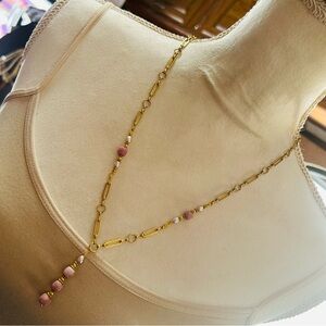 Handcrafted faceted square cut rhodonite genuine pearl paperclip chain necklace